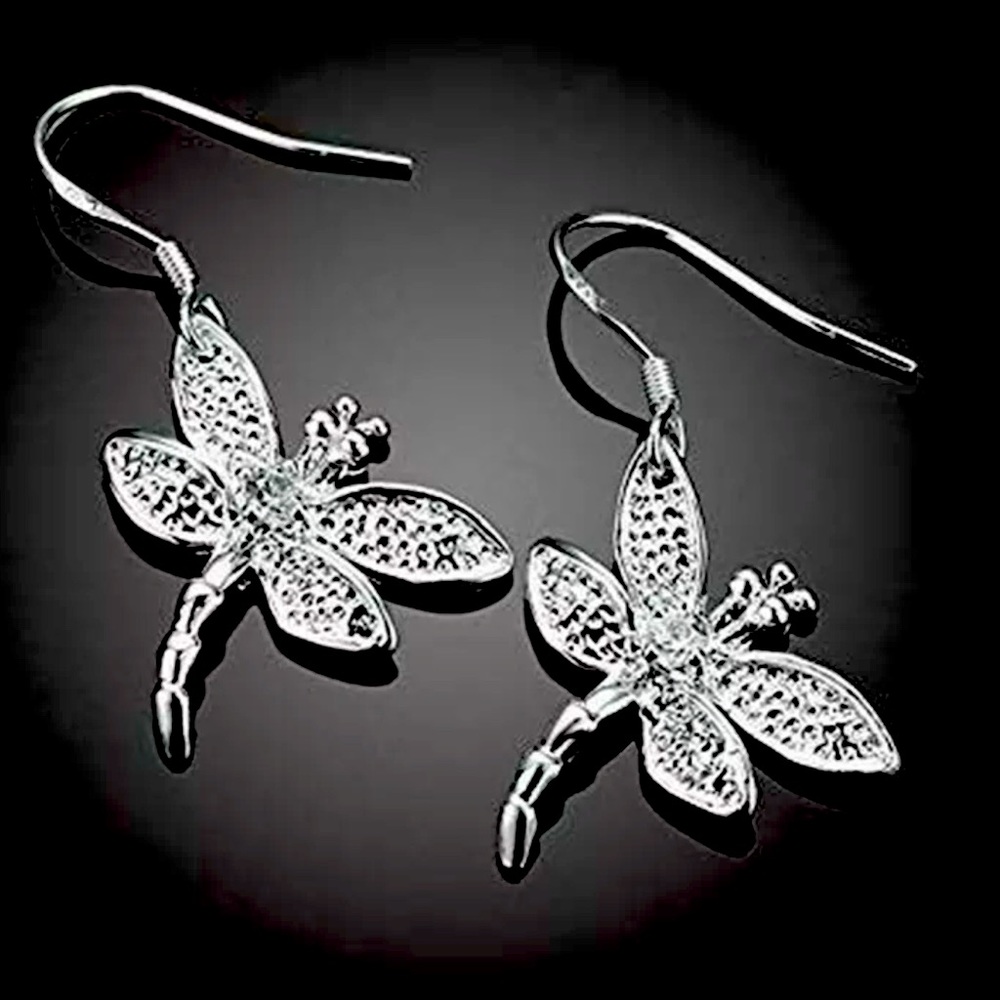 New Adorable 925 Silver Dragonfly Dangle Earrings